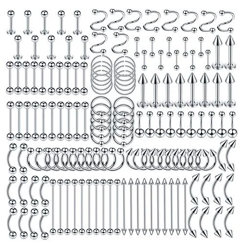 Xpircn 150PCS Mixed Piercing Stainless Steel Nose Horseshoe Lip Tongue Eyebrow Tragus Septum Clicker Body Piercing Navel Belly Ring Nipple Industrial Barbells 14G 16G 20G