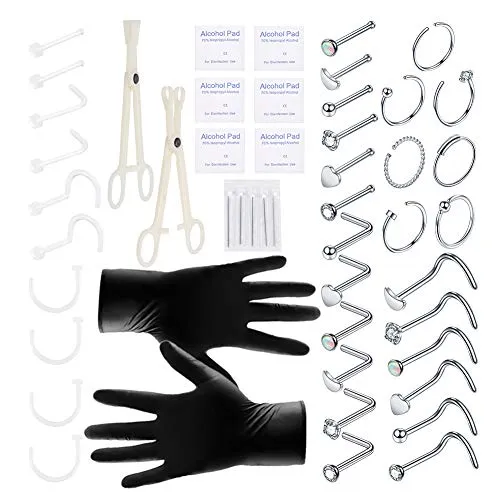 Xpircn 50PCS Nose Piercing Kit 20G Body Piercing Kit Piercing Needles Piercing Clamps Stainless Steel Nose Rings Studs Body Piercing Jewelry Kit Tool