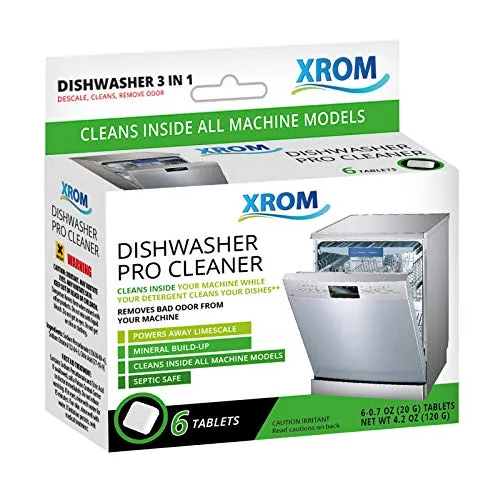 XROM High Efficiency Natural Dishwasher Cleaner 3 in 1 Formula, Removes Odors, Limescale & Detergent Build-Up, Contains 100% More Grease Removal Actives, Removes Hard Water Stains & Lime Scale Build Up, Powerful Descaling, 6 Tablets Count Box