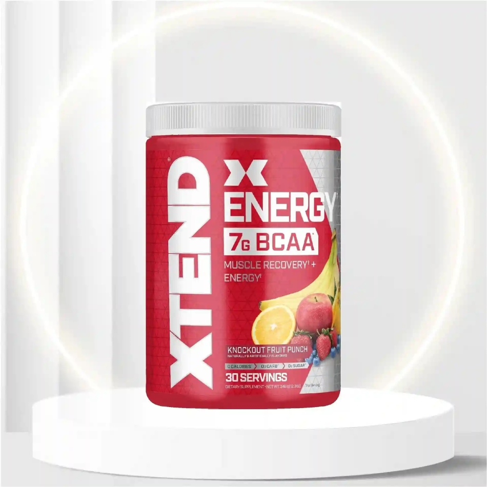 XTEND Energy BCAA Powder Knockout Fruit Punch - 125mg Caffeine + Sugar Free Pre Workout Muscle Recovery Drink with Amino Acids - 7g BCAAs for Men & Women - 30 Servings