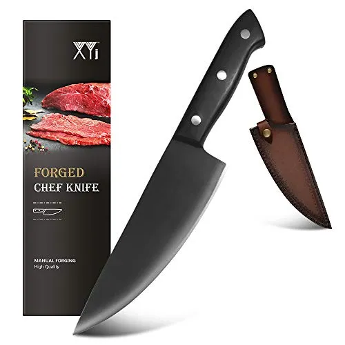 XYJ 8 inch Chef Knife Full Tang Carving Kitchen Knife Handmade Forged Slicing Knife Razor Sharp Sturdy Blade with Leather Knife Sheath Cleaver for Meat Vegetable Cooking Knife Tool