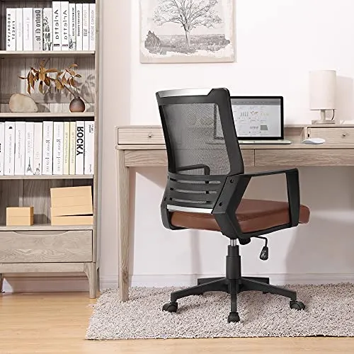 Yaheetech Mid Back Mesh Chair w/Leather Seat Executive Office Chair Computer Task Chair with Armrests Ergonomic Desk Chair with Lumbar Support, Brown
