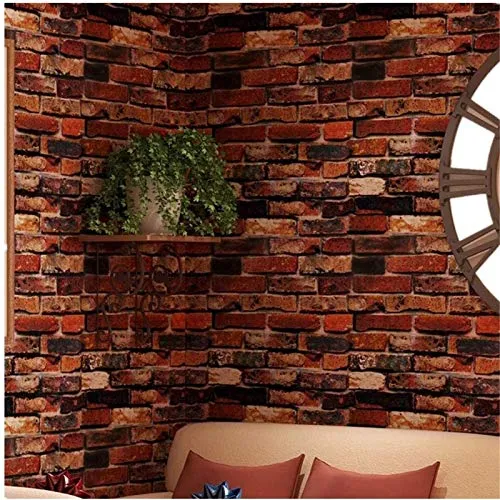 Yancorp Self-Adhesive Wallpaper Rust Red Brown Brick Paper Fireplace Peel-Stick Wall Door Counter Top Liners (24