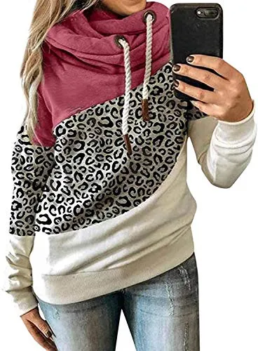 Yanekop Womens Leopard Color Block Sweatshirt Turtleneck Pullover Drawstring Hoodie (Pink,L)