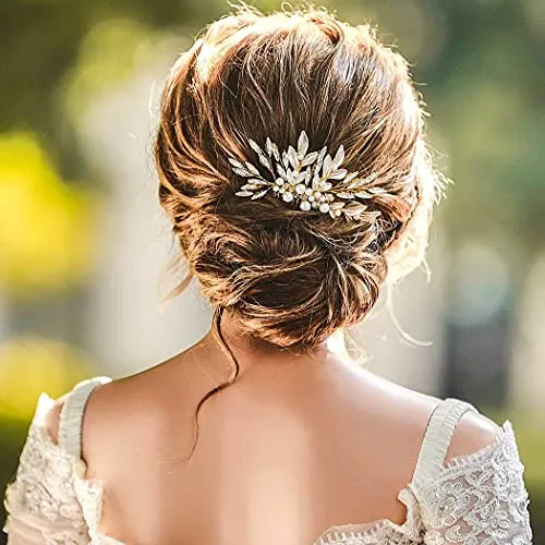 Yean Bride Gold Leaf Wedding Hair Comb Rhinestone Bridal Hair Piece Pearl Hair Accessories for Women and Girls