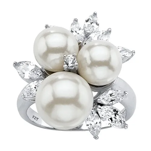 Yellow Gold-Plated or Platinum-Plated Sterling Silver Round Bead Simulated Pearl and Cubic Zirconia Ring Size 8