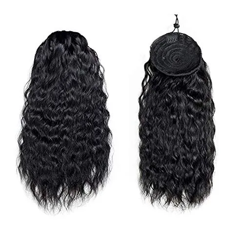 Yepei Human Hair Ponytail Extension 8A Brazilian Natural Curly Wave Black Drawstring Pony Tail Real Hair Pieces For Women Or Girl Clip In Weave Ponytails (16 inch, Natural wave)