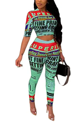 Yeshire Women's Crew Neck Short Sleeve Crop Top and Pants Sets Letters Print Bodycon 2 Piece Outfit Sports Tracksuits XXX-Large Blue