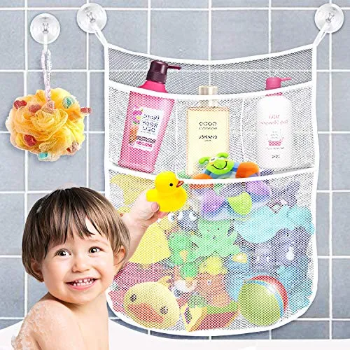 Yihoon Bath Toy Organizer Shower Caddy - for Bathroom Baby Toy Storage Quick Dry Bathtub Mesh Net + 4 Soap Pockets with Suction Hooks