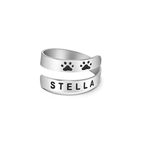 Yiyang Custom Dog Name Stella Rings Paw Printed Stainless Steel Silver Adjustable Wrap Pet Jewelry Christmas Memorial Gifts for Women Men Her Dog Cat Lovers