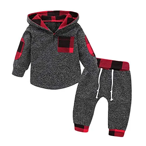 Youmymine 2PCS Newborn Baby Boys Girls Long Sleeve Sweatshirt, Plaid Hooded Pullover Tops+Pants Outfits Set (3-6 Months, Gray)