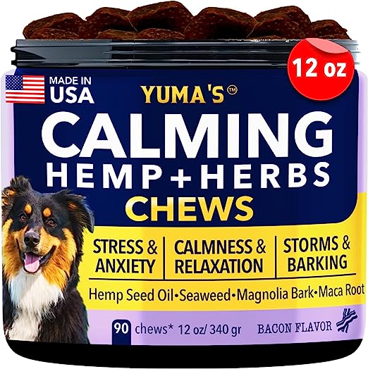 YUMA'S Calming Chews for Dogs, Anxiety Relief and Stress, Separation and Sleep Calming Aid -Hemp Seed + Herbs Blend Ashwagandh