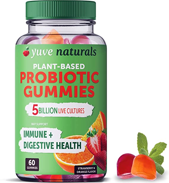 Yuve Vegan Probiotic Sugar-Free Gummies - 5 Billion CFU - Promotes Digestive Health & Immunity - Helps with Constipation, Bloating, Detox, Leaky Gut & Gas Relief - Natural, Non-GMO, Gluten-Free - 60ct