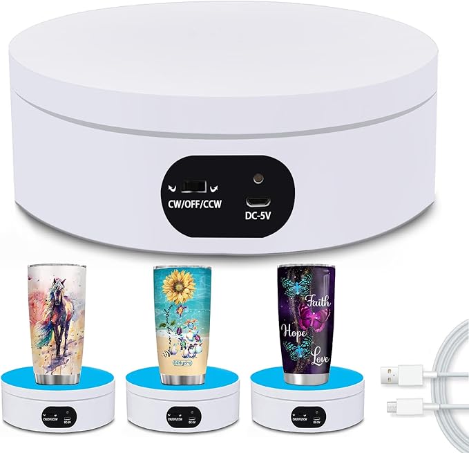 YVV Turner Cup Rotating Display Stand for Epoxy Glitter Tumbler, 360 Degree Automatic Mute Rotating Turntable for Photography Products Tumbler Making Supplies Spinner 4.72*1.77in Motorized Rotation
