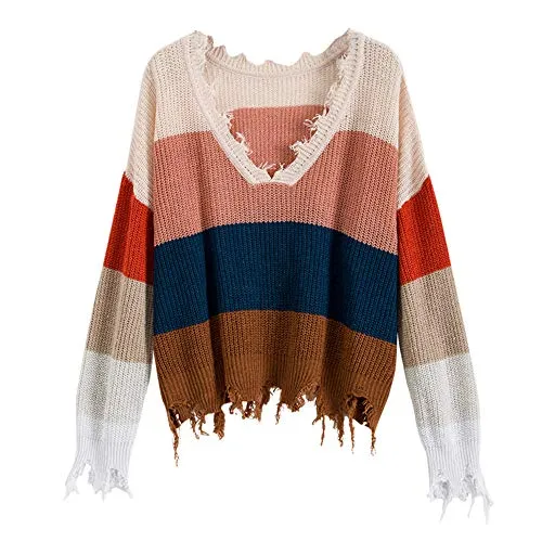 ZAFUL Women's V-Neck Knit Sweater Long Sleeve Ripped Tie Dye Pullover Crop Top Jumper (Colorblock A, S)