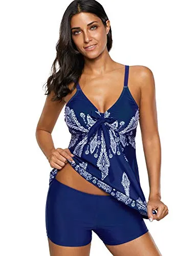 Zando Women Printed Swimwear Halter Strap Plus Size Sporty Bathing Suit Two Piece Slimming Tankini Swimsuits for Women Navy Blue White Floral 2X-Large (US 16-18)