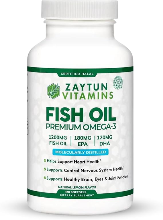 Zaytun Halal Fish Oil 1200mg Omega-3, Premium EPA/DHA, One Per Day, Daily Wellness Support, 4 Months Supply, Lemon Flavor, Keto Friendly, Gluten Free