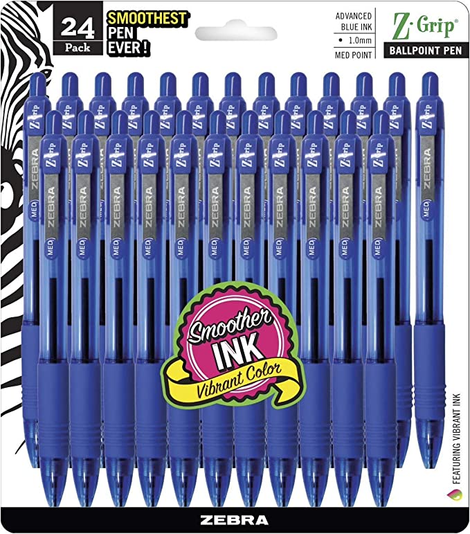 Zebra Pen Z-Grip Retractable Ballpoint Pen, Medium Point, 1.0mm, Blue Ink, 24 Pack (Packaging may vary)