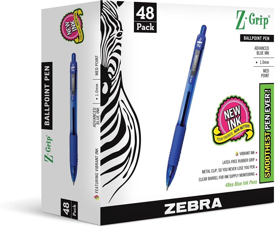 Zebra Pen Z-Grip Retractable Ballpoint Pen, Medium Point, 1.0mm, Blue Ink, 48-Count