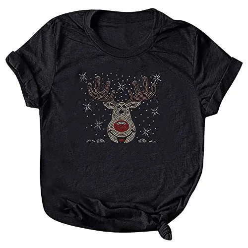 ZEFOTIM Tops for Women Sexy Casual,Comfort Rhinestone Christmas Print Tops Casual O-Neck Short Sleeve T-Shirt Tee(Black,X-Large)