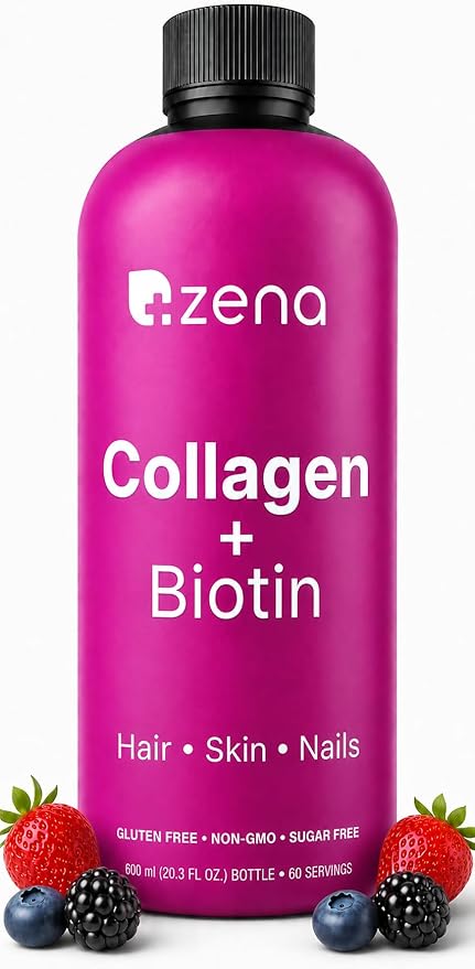 Zena Nutrition Liquid Collagen Peptides and Biotin, 2500mg Verisol Bioactive Collagen Peptides, 5000mcg Biotin, Hair, Skin, Nail Supplement for Women and Men, Mixed Berry, 60 Servings, 20 fl oz