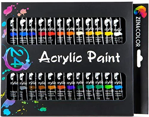 Zenacolor Acrylic Paint, Set of 24 Tubes of 0.4 oz (12 mL) Art Set for Adults and Kids, Painting on Canvas Panels, River Rocks, Glass, Wood, Fabric, Ceramic