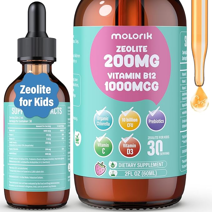 Zeolite Drops for Kids and Adults, 200mg Zeolite Liquid Drops with 1000mcg Vitamin B12, Organic Chlorella, 10 billion CFU & Prebiotics for Gut Support & Speech, Immune, Bone, Energy, Strawberry, 60ML