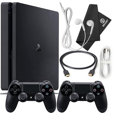 Zeust PlayStation 4 Slim 1TB Console Bundle - Includes the PS4 Console Slim 1TB, 2 Dualshock 4 Wireless Controllers, MicroUSB Charging Cable, HDMI cable, Wired Earbuds and Microfiber Cloth (Renewed)