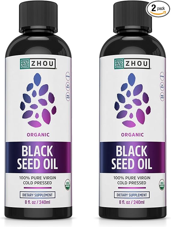ZHOU Organic Black Seed Oil - Black Cumin Seed Oil Cold Pressed, Nigella Sativa, Pure Unrefined Blackseed Liquid, Premium Supplement for Health with Thymoquinone, Omega 3 6 9-8 Fl Oz (Pack of 2)