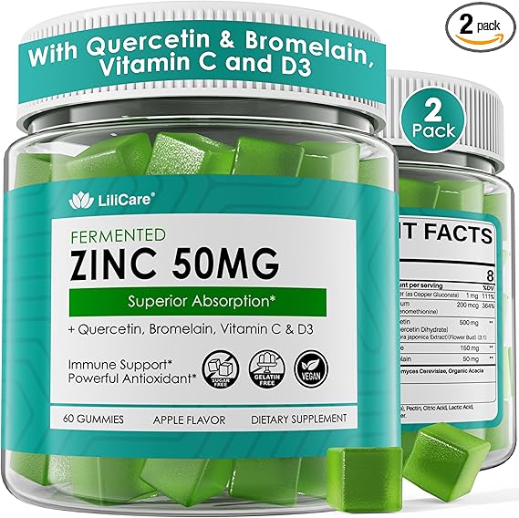 Zinc Gummies 50mg + Quercetin & Bromelain, Vitamin C & D3, Copper, Selenium, Fermented Zinc Supplements for Women & Men for Max Strength Immune Defense, Powerful Antioxidant, Vegan, Sugar Free, 2 Pack