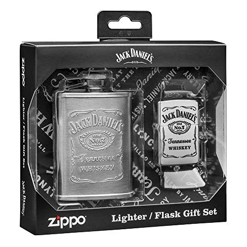 Zippo Lighter & Jack Daniels Flask Gift Set, Silver, One Size
