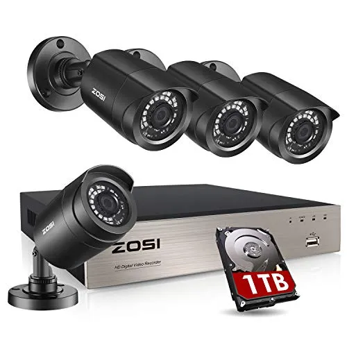 ZOSI Security Cameras System 8Channel 4-in-1 5MP Lite CCTV DVR Recorder with 1TB Hard Drive and (4) x1080P 1920TVL HD Weatherproof Surveillance Cameras with Night Vision, Motion Alert,Remote Access