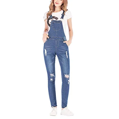 Zylioo Women's Adjustable Y-Back Strap Ripped Denim Pockets Overalls Boyfriend Plus Size Solid Rompers Denim Blue M