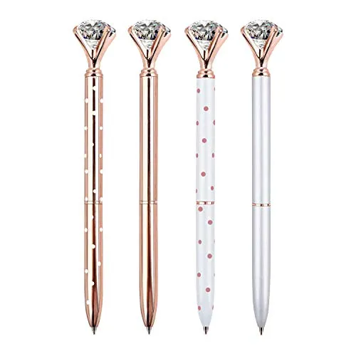 ZZTX 4 PCS Big Crystal Diamond Ballpoint Pen Bling Metal Ballpoint Pen Office Supplies, Rose Gold/Silver/White With Rose Polka Dots/Rose Gold With White Polka Dots, Includes 4 Pen Refills